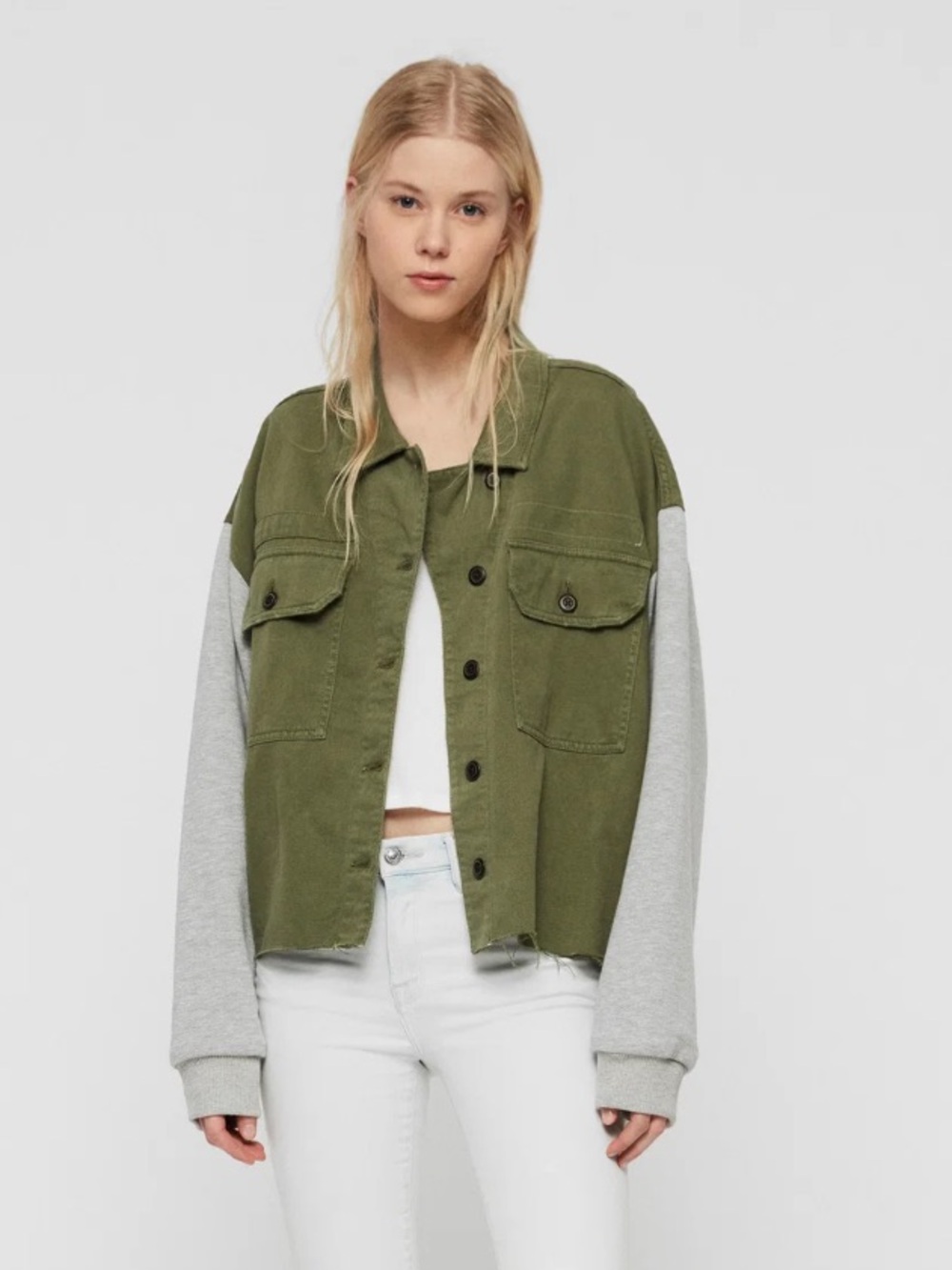 AllSaints Two-Tone Utility Jacket in Olive & Light Gray